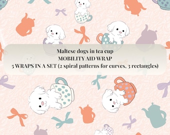Mobility Aid Decor Wraps | Cane, Walker, Wheelchair | Weatherproof Removable Vinyl | Maltese in tea cup