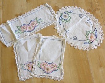 Vintage Hand Embroidered Linen Dresser Scarf & Doily Set