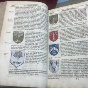 May include: Open pages of an antique book with aged, yellowed paper. The text is in old English, with decorative tree emblems. The book is open to display the text and illustrations.
