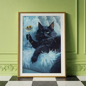 黒猫マティーニデジタルウォールアート猫好きへのギフト猫が何かをしているウォールデコカクテルアートバーカートデコレーションダイニングルーム印刷可能なトレンディアート