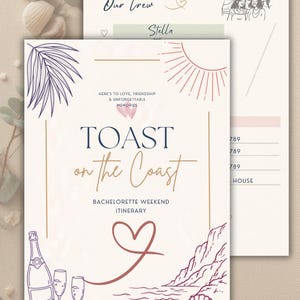 Peut inclure: Une carte d'itinéraire pour week-end d'enterrement de vie de jeune fille intitulée TOAST on the Coast avec des dessins au trait d'une feuille de palmier, d'un soleil, d'une bouteille de champagne, de deux verres et d'un coquillage.