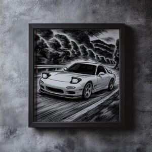 May include: Framed black and white artwork of a sports car speeding along a winding road. The car is a light color, with its headlights illuminated. The background features a stylized depiction of trees and a cloudy sky.