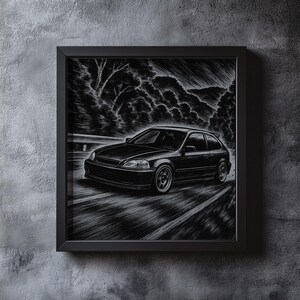 May include: Black and white framed print of a car speeding on a road. The artwork depicts a detailed illustration of a car with a mountain and tree background. The print is in a black frame and mounted on a gray wall.