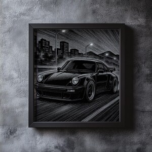 May include: Black framed artwork featuring a black sports car speeding down a road at night. The illustration style is monochromatic, with a city skyline and streetlights in the background. The car has a spoiler and wide tires.