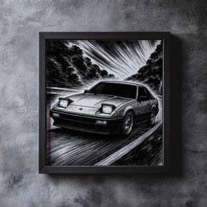 May include: Black and white framed print of a classic sports car speeding down a road. The artwork features a detailed illustration of the car with pop-up headlights, set against a backdrop of stylized trees and motion lines, creating a sense of speed.