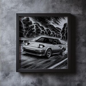 Puede incluir: Impresión enmarcada en blanco y negro de un coche deportivo en una carretera. La obra de arte presenta una ilustración detallada del coche con faros emergentes, sobre un fondo de árboles y un cielo nublado. La impresión está en un marco negro.