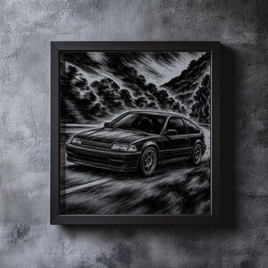 May include: Black and white framed print of a classic car speeding on a road. The artwork features a detailed illustration of the vehicle with a scenic background of trees and mountains, creating a dynamic and artistic representation.