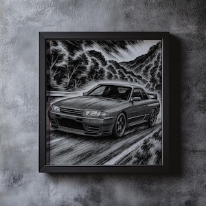 Op de afbeelding: Zwart-wit ingelijste kunst van een sportwagen in beweging. Het kunstwerk toont een gedetailleerde schets van een coupé met een achterspoiler, tegen een vage achtergrond van bomen en heuvels, die snelheid suggereert.