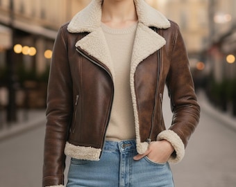 Giacca da aviatore in pelle marrone, bomber in montone corto, cappotto in stile motociclista vintage