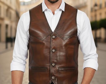 Gilet da uomo in pelle marrone vintage rustica fatto a mano - Gilet da cowboy western con bottoni