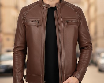 Giacca da motociclista in pelle di pecora marrone da uomo fatta a mano - Giacca da motociclista retrò slim fit