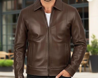 Giacca da uomo in pelle vintage Harrington marrone - Giacca classica in vera pelle di agnello in stile camionista