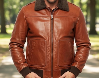 Giubbotto bomber in pelle di agnello da aviatore da uomo - Giacca da pilota vintage con collo in pelliccia