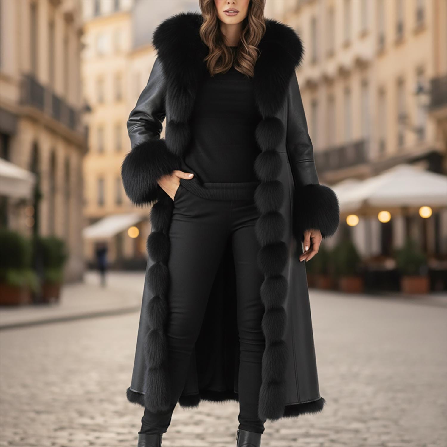 Veste Manteau Fourrure Noire Vintage - Taille 2/3 (38-40), Occasion Très Bon état, Longueur 95cm