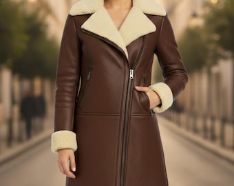 Cappotto da aviatore in pelle di montone marrone fatto a mano da donna - Giacca da motociclista con colletto in montone e polsini comodi