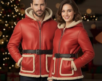Giacca unisex in vera pelle rossa / Cappotto in montone rosso per Natale / Costume da Babbo Natale