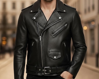 Giacca da motociclista in pelle di agnello nera fatta a mano da uomo – Cappotto in stile motociclista vintage Café Racer