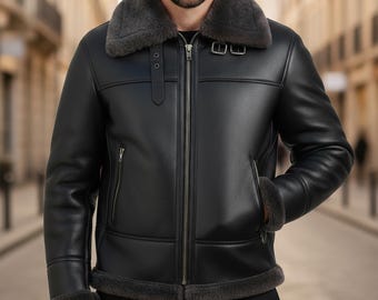 Giacca bomber da aviatore da uomo in pelle nera, realizzata a mano - Cappotto invernale da motociclista classico vintage