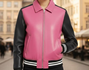 Giubbotto bomber universitario in pelle rosa e nera fatto a mano – Abbigliamento da strada in vera pelle