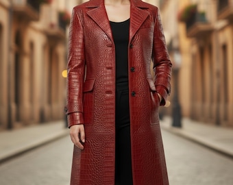 Trench da donna in pelle stampata coccodrillo rossa fatto a mano - Giacca in coccodrillo audace