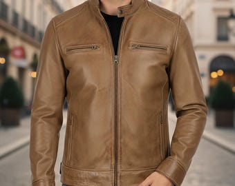 Giacca da motociclista da uomo in pelle marrone chiaro, realizzata a mano - Collo alto, stile cafe racer, stile moto.