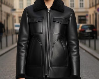 Giacca da aviatore in pelle di montone nera fatta a mano da donna - Cappotto invernale con collo e polsini in pelliccia
