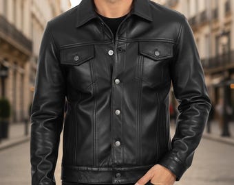 Giacche da camionista vintage in vera pelle di agnello fatte a mano da uomo - Giacca in pelle nera classica di Fernando