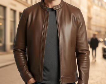 Giacca da uomo in pelle marrone fatta a mano, stile Cafe Racer - Cappotto vintage con collo alto