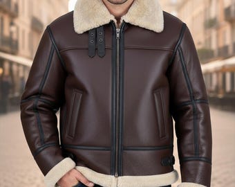 Giacca bomber da aviatore da uomo in pelle marrone fatta a mano - Cappotto invernale da motociclista vintage rustico in montone felpato