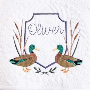 Embroidered Heirloom Baby Quilt Duck Design, Personalized Baby Quilt, Custom Baby Blanket, Newborn Keepsake, Baby Shower Gift, Custom Gift