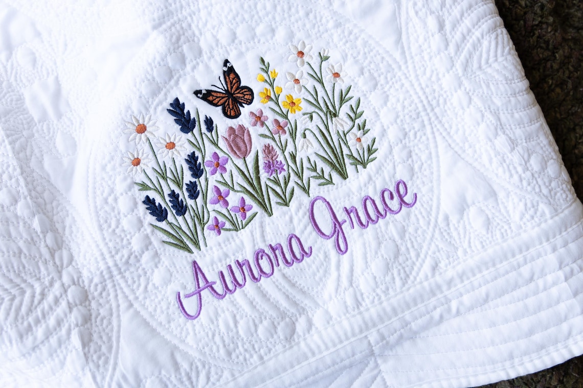 Custom Embroidered Wildflower Heirloom Baby Quilt