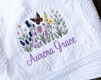 Custom Embroidered Wildflower Theme Heirloom Baby Quilt: Personalized Floral Newborn Keepsake