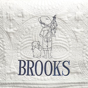 Embroidered Heirloom Baby Quilt Boy Fishing, Personalized Baby Quilt, Custom Baby Blanket, Newborn Keepsake, Baby Shower Gift, Custom Gift