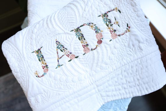 Embroidered Floral Name Baby Heirloom Quilt: Personalized Cotton Newborn Blanket, Baby Shower Gift, Keepsake