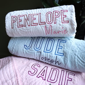 Embroidered Heirloom Baby Quilt First|Middle Name Design, Personalized Baby Quilt, Custom Baby Blanket, Newborn Keepsake, Baby Shower Gift