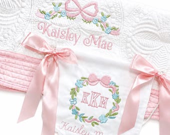 Custom Embroidered Baby Quilt and Banner Set: Floral Keepsake Gift
