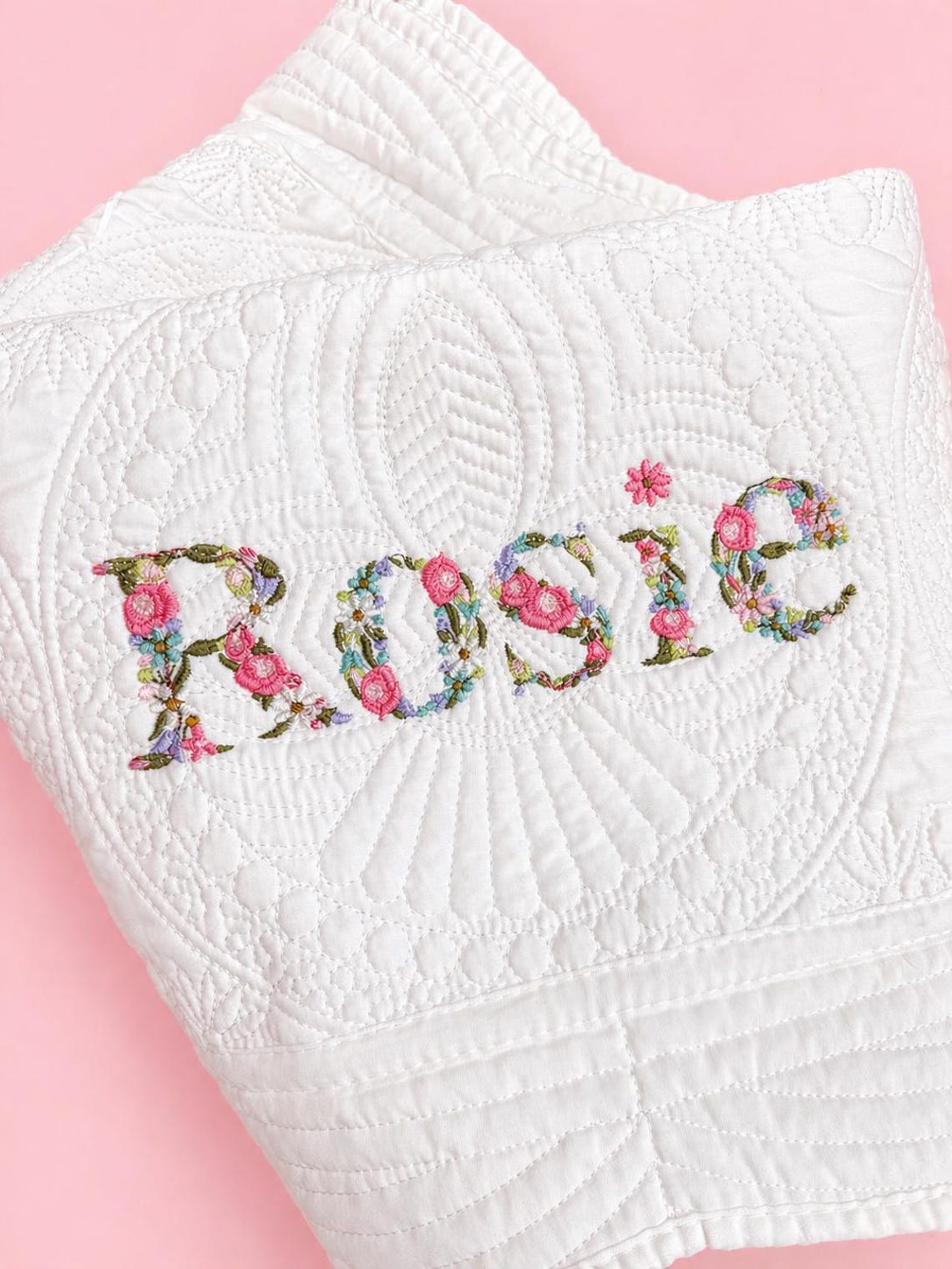 Embroidered Floral Name Baby Quilt