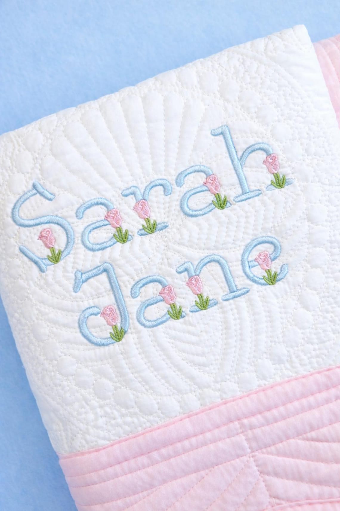 Personalized Embroidered Tulip Name Baby Quilt