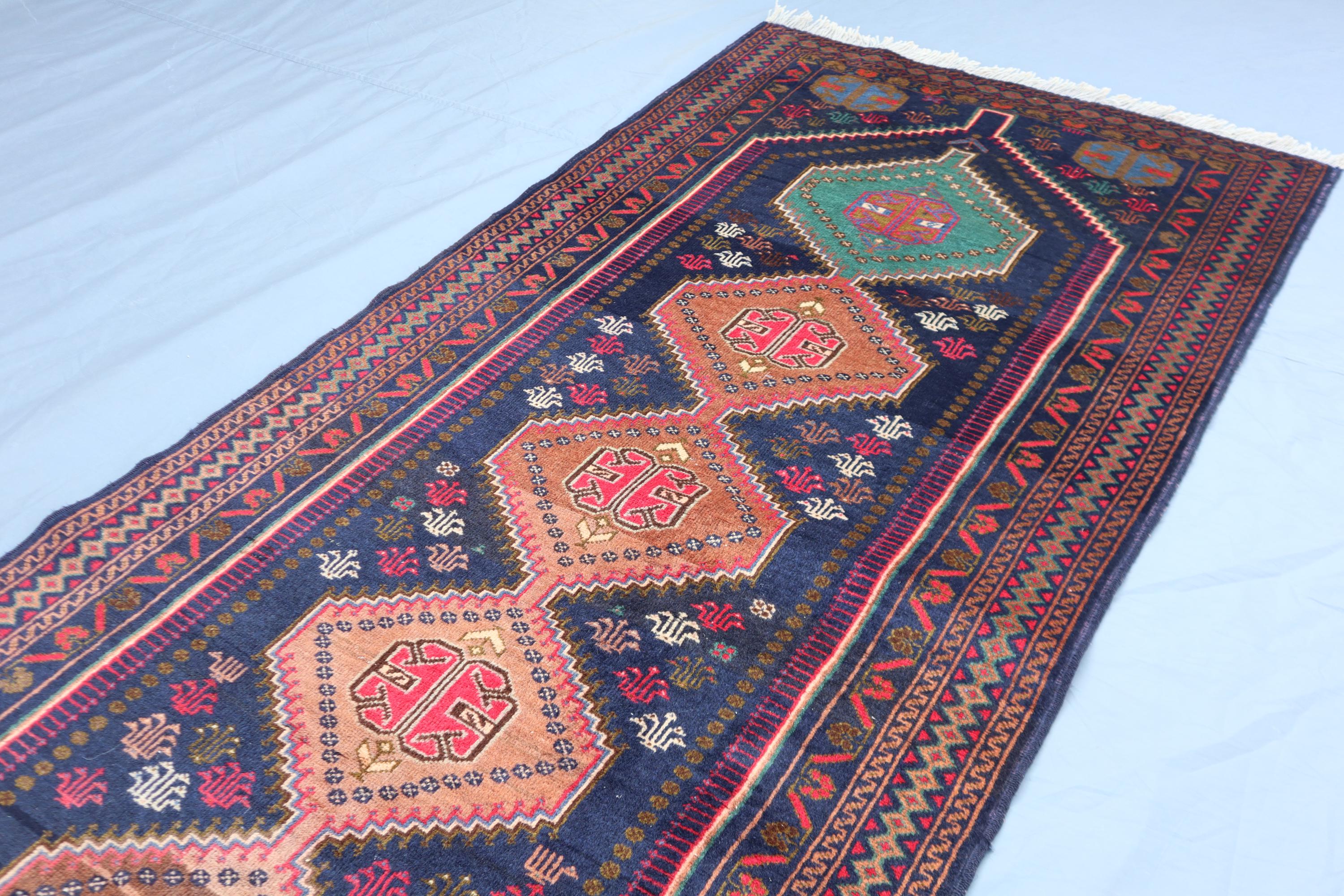 9'8 x 3フィート ネイビーブルー ヴィンテージ ランナーラグ アフガン