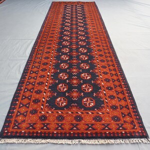 Afghan Tribal Vintage Runner Rug/ 9.6x2.10 Ft Oriental Orange Color Mouri Gul Rug/Geometric Hand-Knotted Wool Runner Rug/Hallway Runner Rug