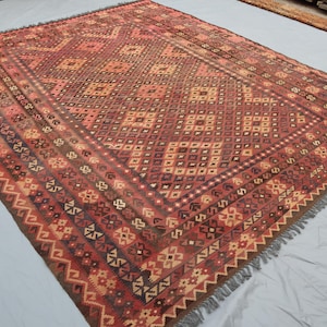 9.10x8.6 Ft Ghalmori Kilim Vintage Rug | Geometric Area Hand-Knotted Kilim Rug | Oriental Flatweave Wool Area Rug | Bedroom & Livingroom Rug