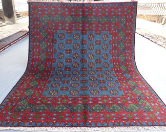 Large Vintage Bukhara Rug, 6.5x5.2 ft, Afghan Wool Mowri Design