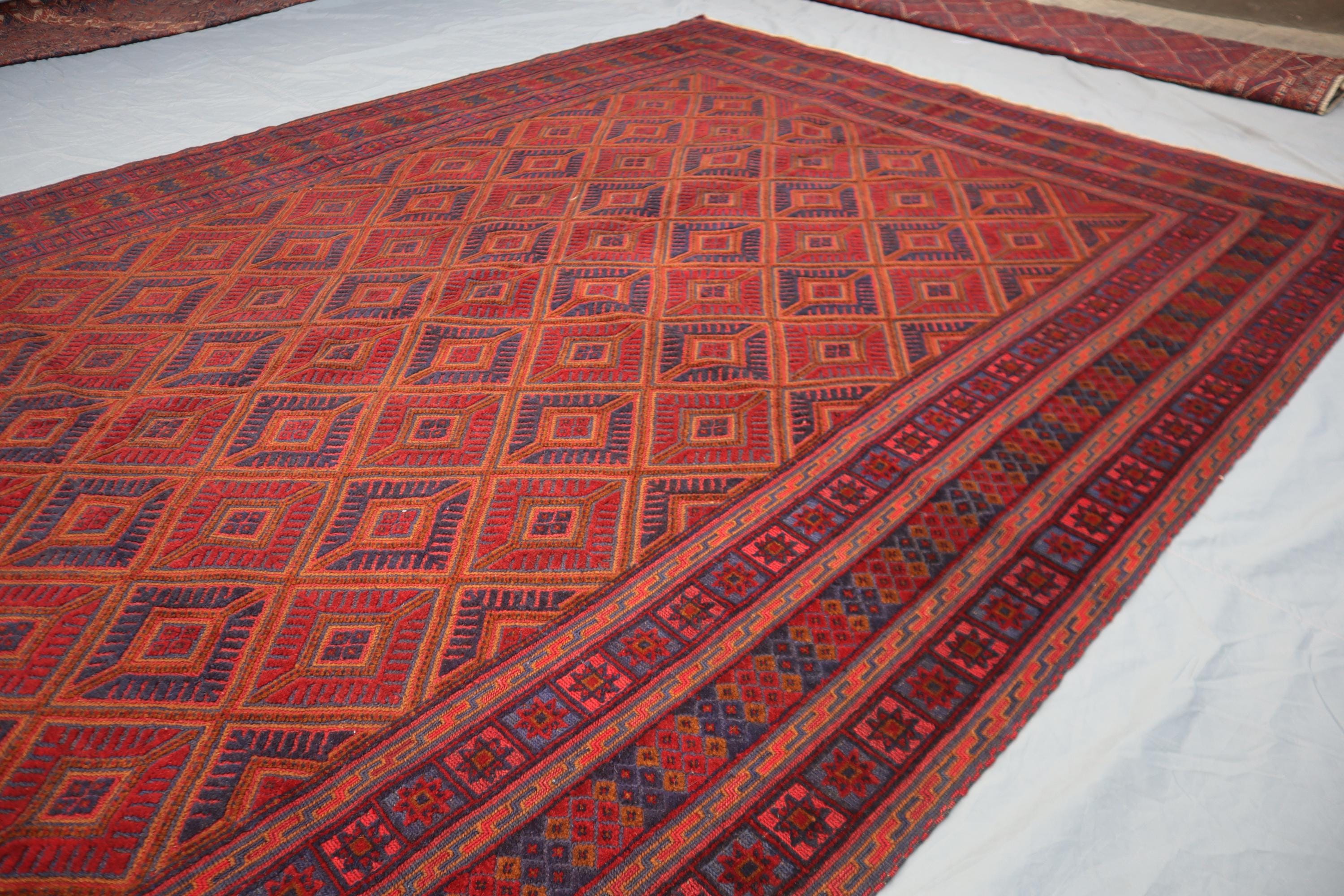 Vintage Afghan Baluch Rug – Red, Blue Diamond, Tribal Wool Carpet