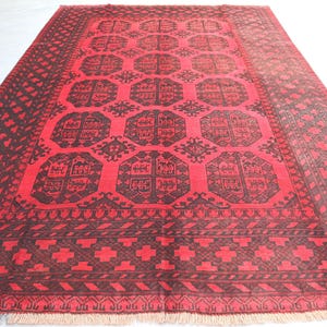 9.4x6.5 Ft Afghan Bukhara Rug/ Authentic Vintage Hand Knotted Wool Area Rug/ Turkmen Oriental Red Rug for Living Room, Bedroom Decor Carpet