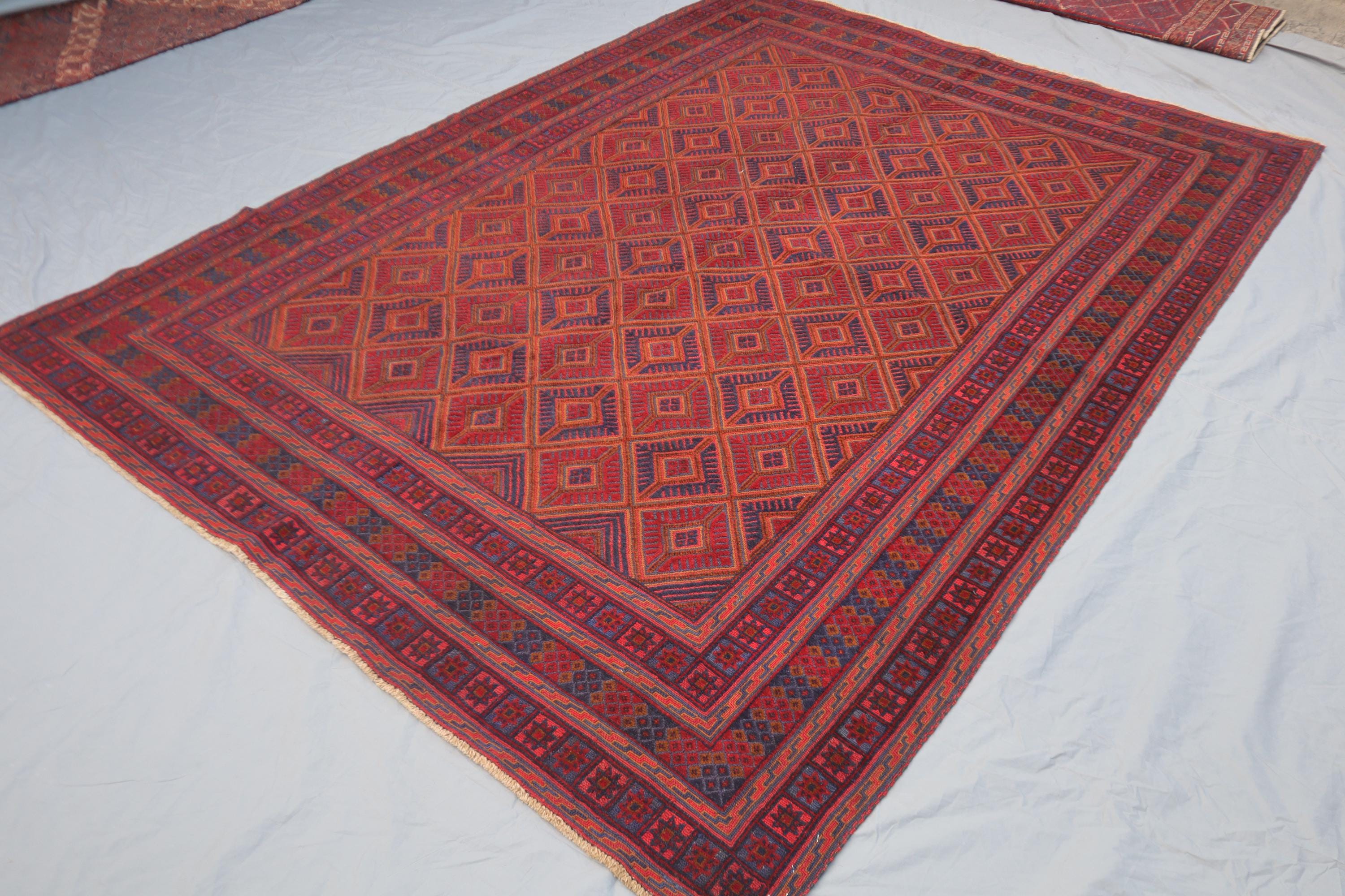 Vintage Afghan Baluch Rug – Red, Blue Diamond, Tribal Wool Carpet
