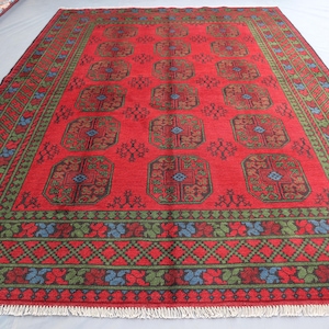 Vintage Hand-Knotted Ersari Bokhara Rug | 9.5x6.10 Ft Geometric Area Pure Wool Rug | Oriental Ersari Gul Motif Rug | Rug For Bedroom, Office