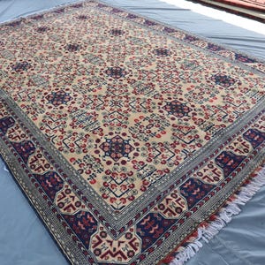 Afghan Bokhara Beige Rug/ Oriental Hand-Knotted Vintage Pure Wool Natural Veg Dyes Rug/ 9.7x6.5 Ft Area Rug/ Turkmen Tribal Living Room Rug