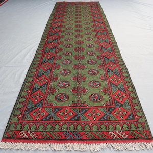 Geometric Hand-Knotted Wool Runner Rug/ Afghan Tribal Vintage Runner Rug/ 9.9x2.10 Ft Oriental Green Color Mouri Gul Rug/ Hallway Runner Rug