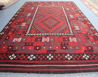 Vintage Afghan Kilim Rug, 13.4x8.3 ft, Hand-Knotted Wool, Tribal Geometric Design Kilim Rug, Boho Decor Kilim Rug