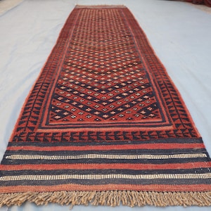 Afghan Vintage Runner Rug/ 8.3x2.1 Ft Antique Runner Rug/ Oriental Hand-Knotted Wool Geometric Runner Rug/ Hallway, Kitchen Runner Rug
